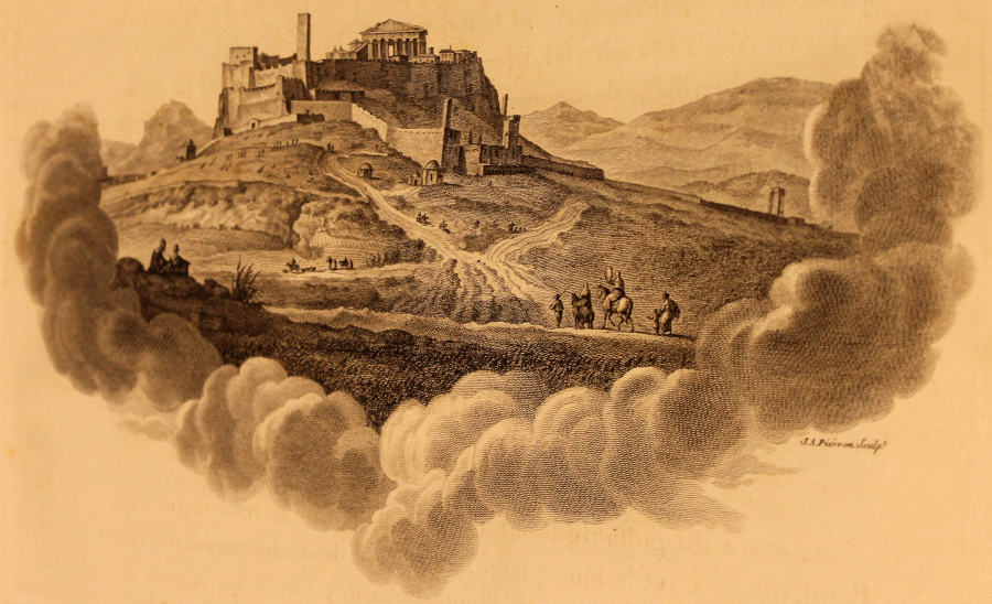 Vue d'Athènes prise dans la plaine au pied de l'acropole. Au dessus des murailles de cette acropole s'élève le Parthénon, dont on voit la façade. Illustration de Voyage pittoresque de la Grèce de Choiseul-Gouffier.