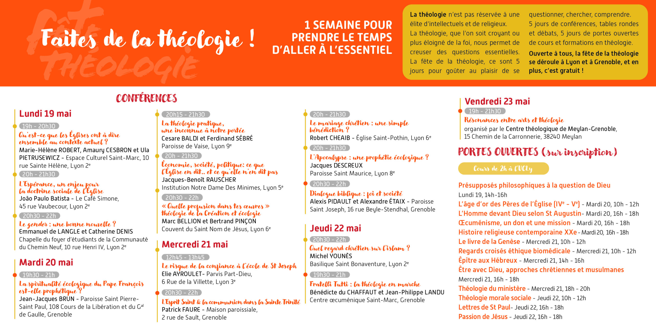 intérieur du tract de la fête de la théologie 2025, évenement organisé par la faculté de théologie de Lyon et le CTM Grenoble - 15 conférences à Lyon et à grenoble